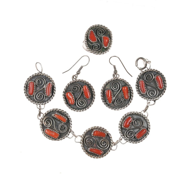 EMP Vintage Native American sterling and coral jewelry set - Bracelet, ring, earrings - Estate Fresh Austin