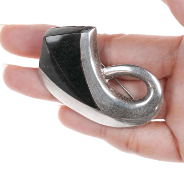 Enrique Ledesma Taxco Modernist sterling and onyx pin - Estate Fresh Austin