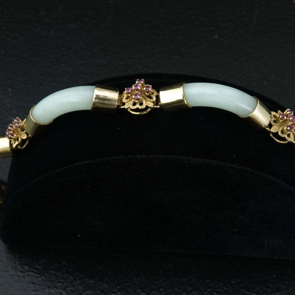 Estate 14K Chinese White Jade Pink Rubies Bracelet - Estate Fresh Austin