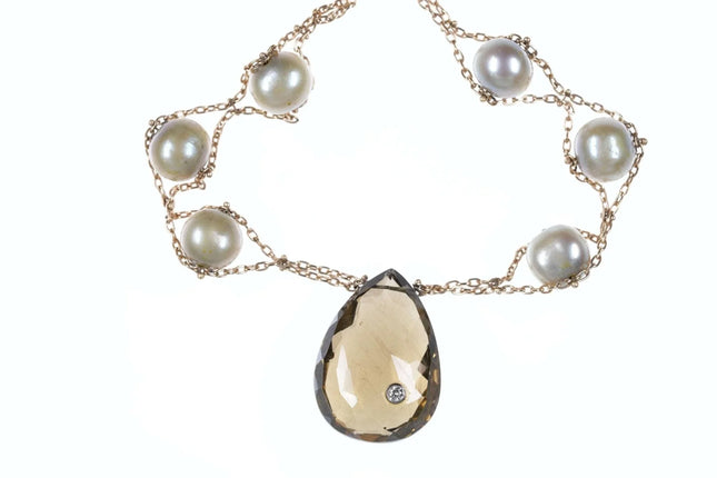 Estate 14k Natural Pearls, Diamond, and Smoky quartz double strand necklace - Estate Fresh Austin