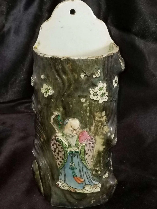 Famille Rose Chinese Export Wall Vase Figural with Longevity Shou 19th centu - Estate Fresh Austin