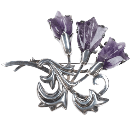 Fred Davis (1880 - 1961) large sterling and amethyst tulip flower pin - Estate Fresh Austin