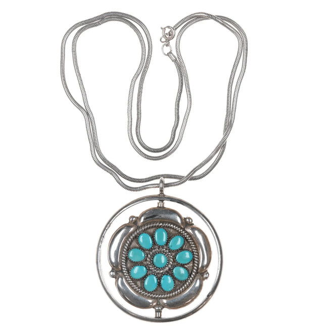 Fred & Elsie Lonconsello Reversible spinner pendant turquoise and coral sterling - Estate Fresh Austin