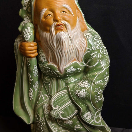 Fukurokuju Statue Japanese Celadon Satsuma Moriage figure Early 20th century - Estate Fresh Austin