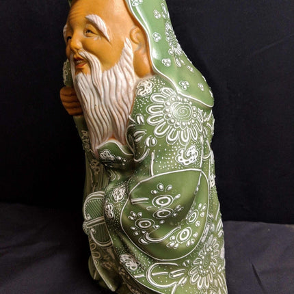 Fukurokuju Statue Japanese Celadon Satsuma Moriage figure Early 20th century - Estate Fresh Austin