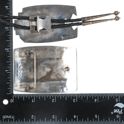 Gene Pooyouma Hopi #8 Turquoise sterlng overlay bolo and belt buckle set - Estate Fresh Austin