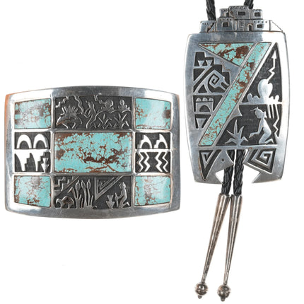 Gene Pooyouma Hopi #8 Turquoise sterlng overlay bolo and belt buckle set - Estate Fresh Austin