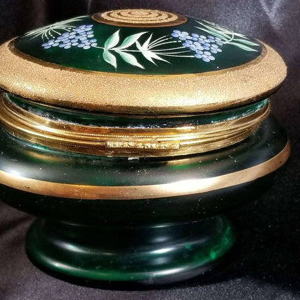 Green Bohemian Enameled Coralene under Heavy Gold Glass Box with Lid C.1900 5.5" - Estate Fresh Austin