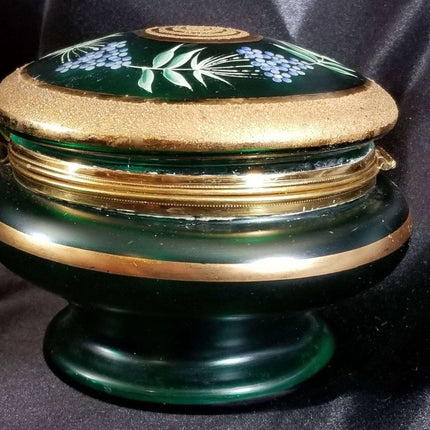 Green Bohemian Enameled Coralene under Heavy Gold Glass Box with Lid C.1900 5.5" - Estate Fresh Austin