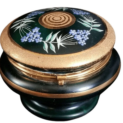 Green Bohemian Enameled Coralene under Heavy Gold Glass Box with Lid C.1900 5.5" - Estate Fresh Austin