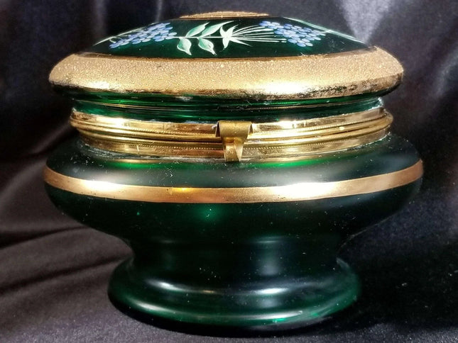 Green Bohemian Enameled Coralene under Heavy Gold Glass Box with Lid C.1900 5.5" - Estate Fresh Austin