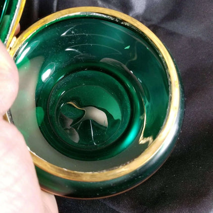 Green Bohemian Enameled Coralene under Heavy Gold Glass Box with Lid C.1900 5.5" - Estate Fresh Austin