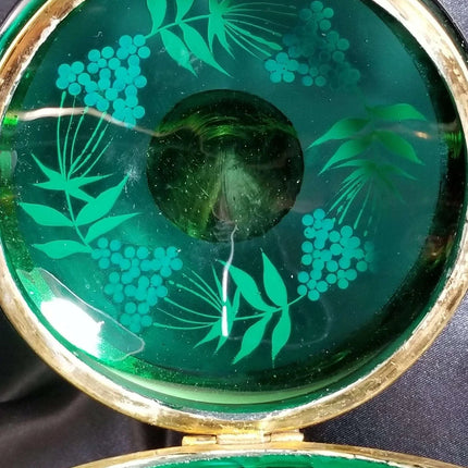 Green Bohemian Enameled Coralene under Heavy Gold Glass Box with Lid C.1900 5.5" - Estate Fresh Austin