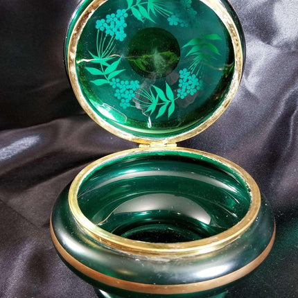 Green Bohemian Enameled Coralene under Heavy Gold Glass Box with Lid C.1900 5.5" - Estate Fresh Austin