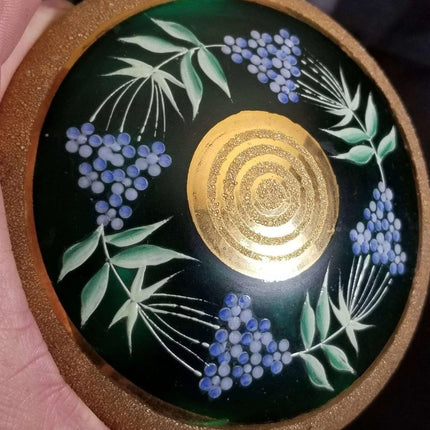 Green Bohemian Enameled Coralene under Heavy Gold Glass Box with Lid C.1900 5.5" - Estate Fresh Austin