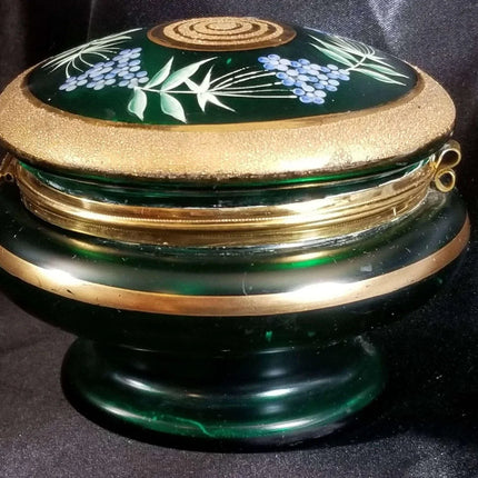 Green Bohemian Enameled Coralene under Heavy Gold Glass Box with Lid C.1900 5.5" - Estate Fresh Austin