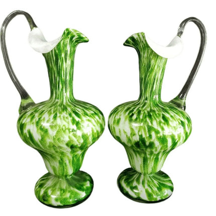 Green Spangle Glass Ewers Green white Mica Flecks c.1890 9" - Estate Fresh Austin