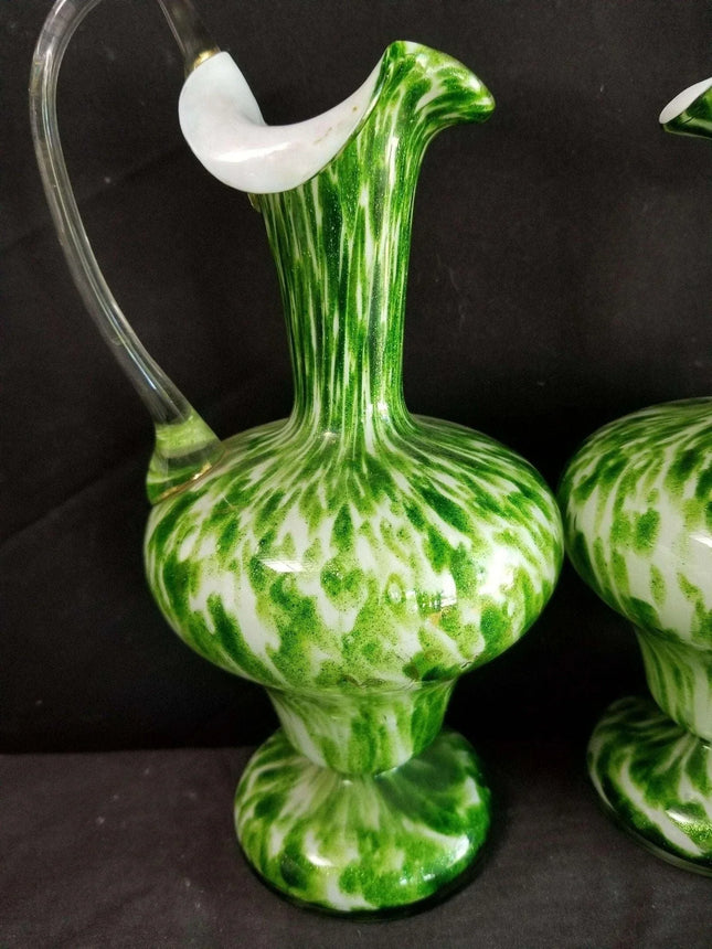 Green Spangle Glass Ewers Green white Mica Flecks c.1890 9" - Estate Fresh Austin
