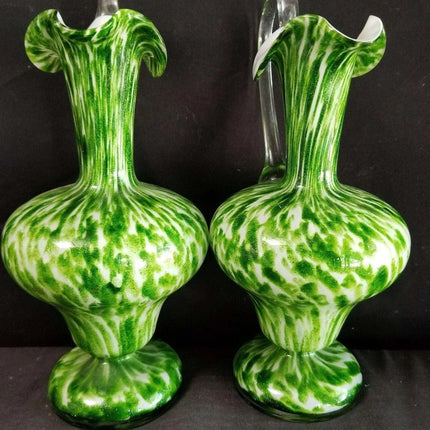 Green Spangle Glass Ewers Green white Mica Flecks c.1890 9" - Estate Fresh Austin