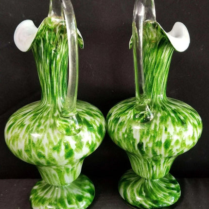 Green Spangle Glass Ewers Green white Mica Flecks c.1890 9" - Estate Fresh Austin