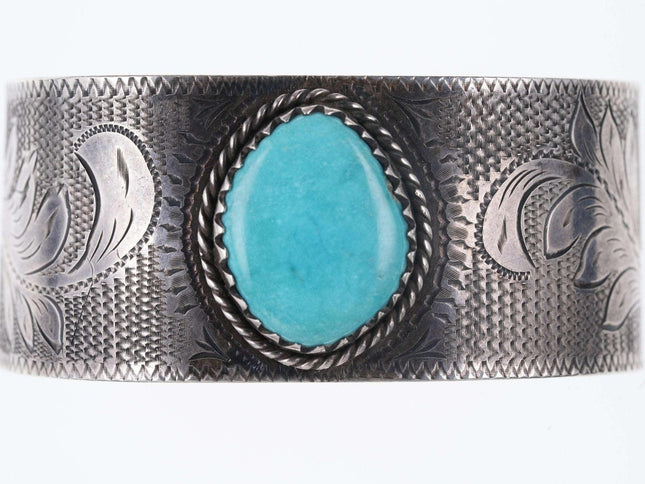 Hand Engraved Southwestern Sterling/Turquoise cuff bracelet - Estate Fresh Austin