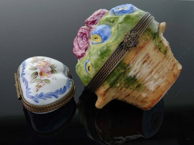 Hand Painted Limoges Trinket Boxes Flower basket and painted roses - Estate Fresh Austin