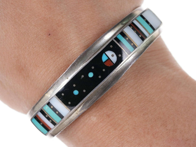 Harold Smith Native American Sterling, turquoise, coral, Jet, and shell inlay Br - Estate Fresh Austin