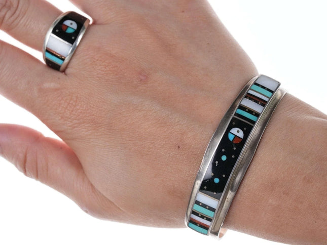 Harold Smith Native American Sterling, turquoise, coral, Jet, and shell inlay Br - Estate Fresh Austin