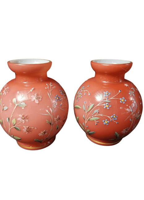 Harrach Bohemian Glossy Peachblow bulb Vases with enameled Flowers c.1890 - Estate Fresh Austin