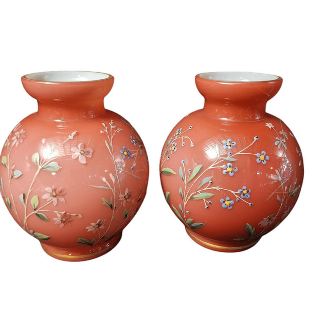 Harrach Bohemian Glossy Peachblow bulb Vases with enameled Flowers c.1890 - Estate Fresh Austin