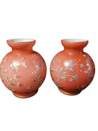Harrach Bohemian Glossy Peachblow bulb Vases with enameled Flowers c.1890 - Estate Fresh Austin