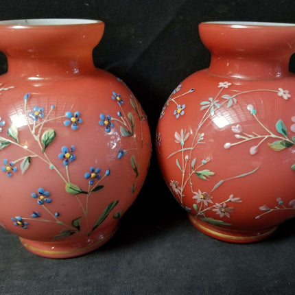 Harrach Bohemian Glossy Peachblow bulb Vases with enameled Flowers c.1890 - Estate Fresh Austin