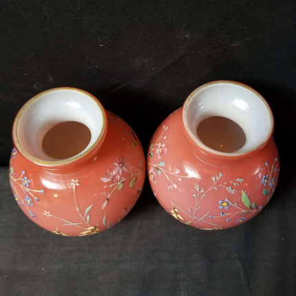 Harrach Bohemian Glossy Peachblow bulb Vases with enameled Flowers c.1890 - Estate Fresh Austin