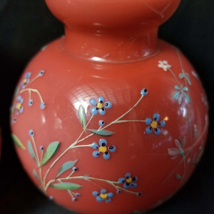 Harrach Bohemian Glossy Peachblow bulb Vases with enameled Flowers c.1890 - Estate Fresh Austin