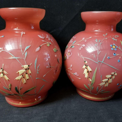 Harrach Bohemian Glossy Peachblow bulb Vases with enameled Flowers c.1890 - Estate Fresh Austin