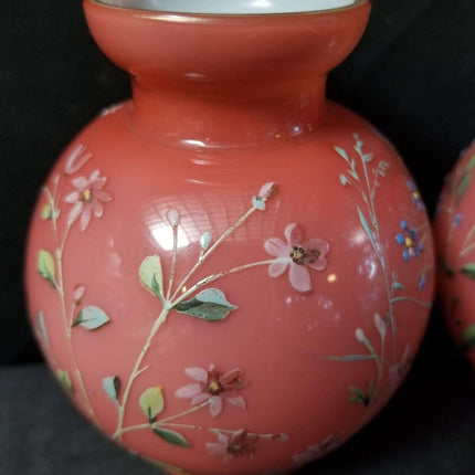 Harrach Bohemian Glossy Peachblow bulb Vases with enameled Flowers c.1890 - Estate Fresh Austin