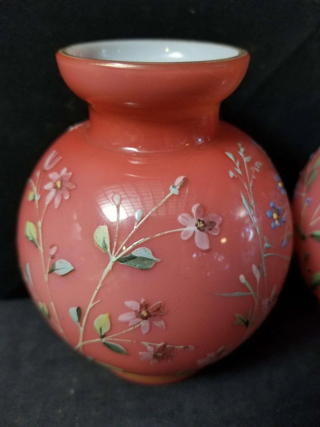 Harrach Bohemian Glossy Peachblow bulb Vases with enameled Flowers c.1890 - Estate Fresh Austin