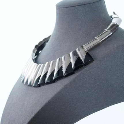 Heavy Monteros modernist Mexican Sterling silver and onyx necklace - Estate Fresh Austin