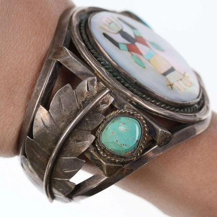 Heavy Native American multi-stone Inlay center sterling cuff bracelet - Estate Fresh Austin