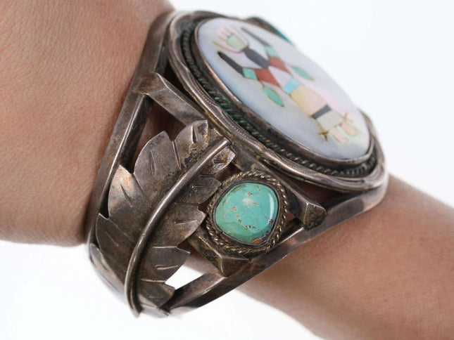 Heavy Native American multi-stone Inlay center sterling cuff bracelet - Estate Fresh Austin
