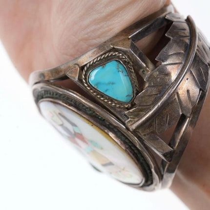 Heavy Native American multi-stone Inlay center sterling cuff bracelet - Estate Fresh Austin