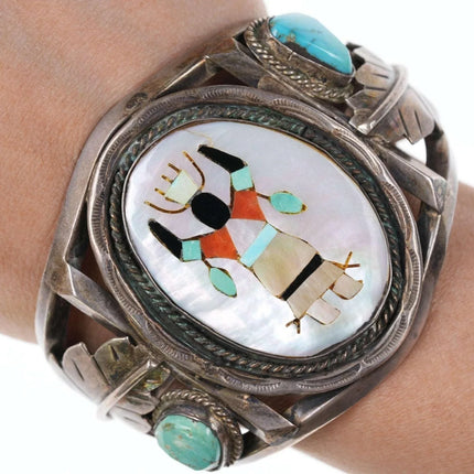Heavy Native American multi-stone Inlay center sterling cuff bracelet - Estate Fresh Austin
