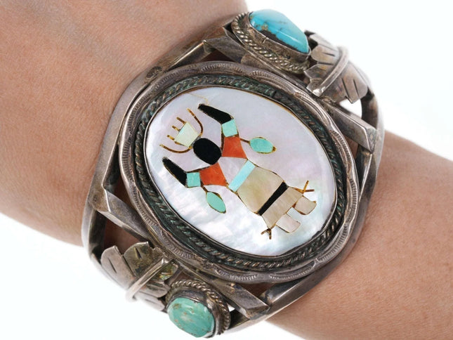 Heavy Native American multi-stone Inlay center sterling cuff bracelet - Estate Fresh Austin