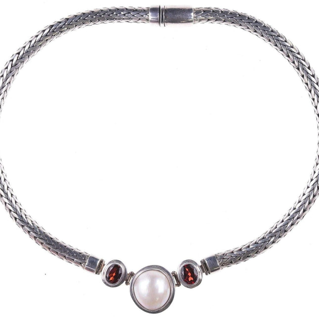 Heavy Retro sterling wheat chain with mabe pearl and garnets - Estate Fresh Austin