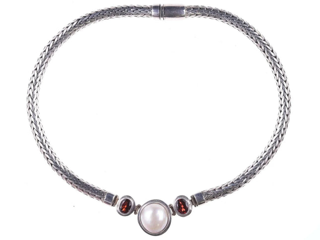 Heavy Retro sterling wheat chain with mabe pearl and garnets - Estate Fresh Austin