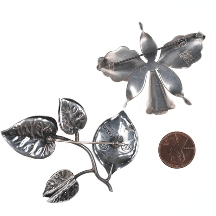 Hector Aguilar Taxco 940 silver Orchid and botanical pins - Estate Fresh Austin