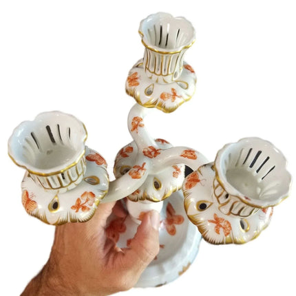 Herend Fortuna Candleabra Rust Butterflies Chinoiserie Pattern Gilding Peach Bor - Estate Fresh Austin