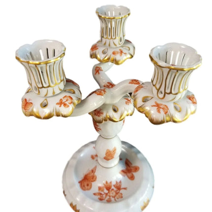 Herend Fortuna Candleabra Rust Butterflies Chinoiserie Pattern Gilding Peach Bor - Estate Fresh Austin