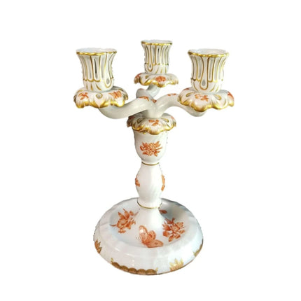 Herend Fortuna Candleabra Rust Butterflies Chinoiserie Pattern Gilding Peach Bor - Estate Fresh Austin