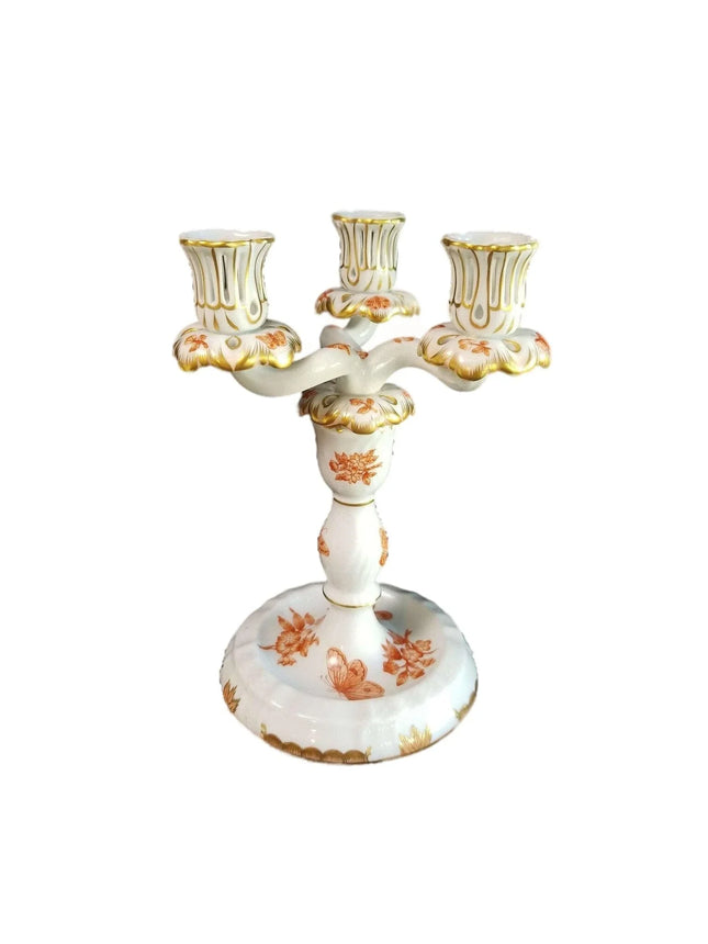 Herend Fortuna Candleabra Rust Butterflies Chinoiserie Pattern Gilding Peach Bor - Estate Fresh Austin